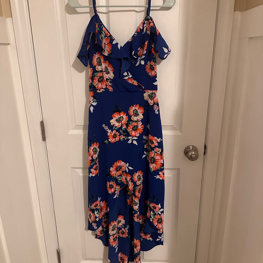 Floral Blue Dress with Ruffle Details